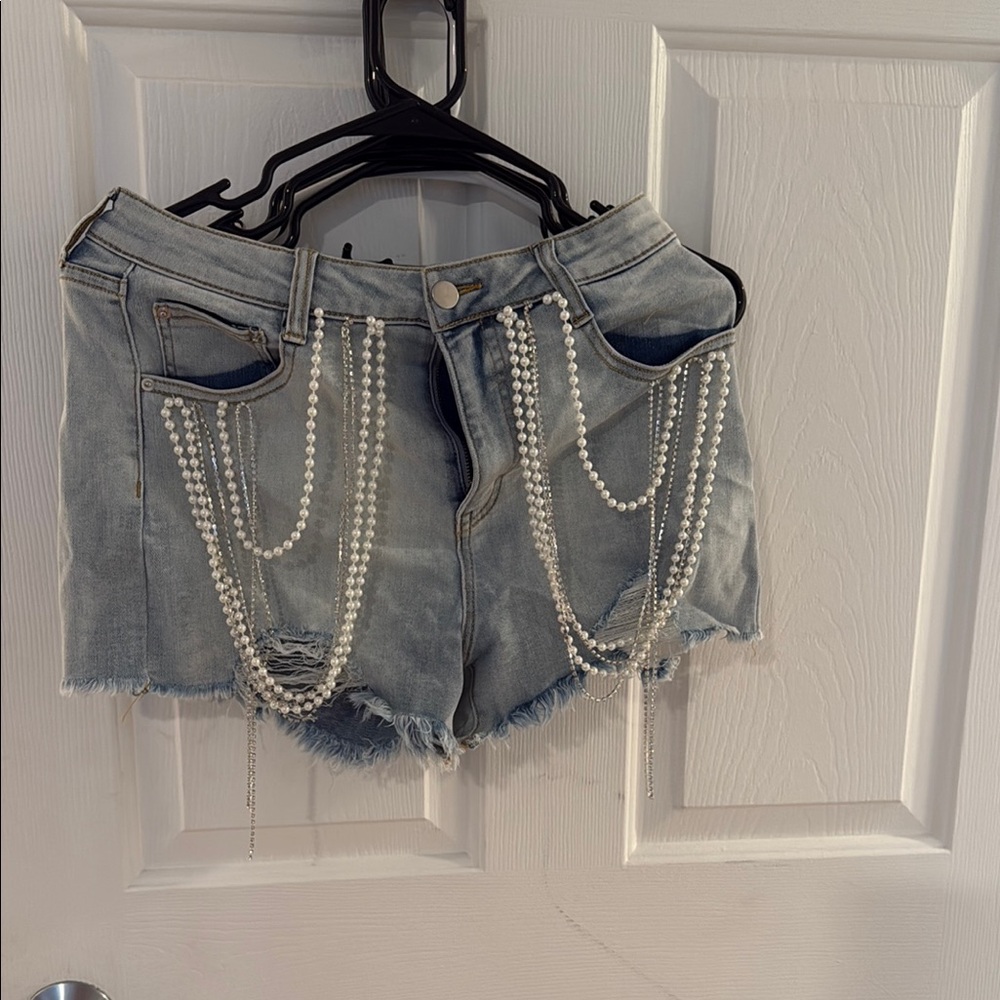 Fashion Nova Blue Jean Shorts with Pearl Chains